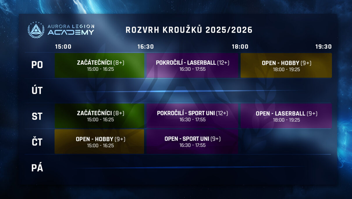 Rozvrh sportovních kroužků lasergame Aurora LEGION Academy pro sezónu 2025/2026